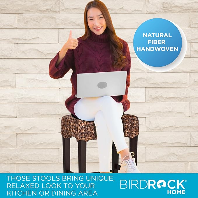 BIRDROCK HOME Seagrass Backless Counter Height Barstool, 24.5" H, Espresso | Backless Counter Stools for Kitchen, Bar, or Dining Room, Fully Assembled Mahogany Wood Barstool with Seagrass Seat