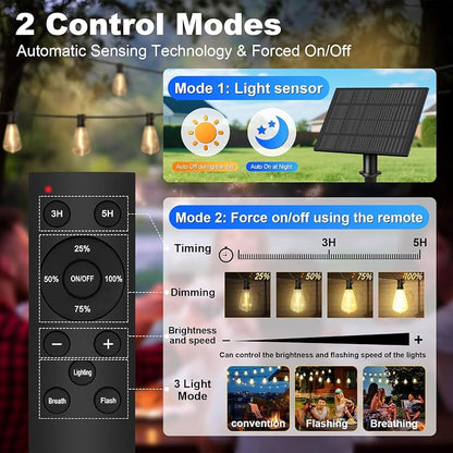 50FT Solar String Lights with 32 Bulbs 1.5FT Bulbs Spacing, 10Hours, Remote | 2Spare Bulbs, 3600mAm Battery, Remote On/Off & Sensor, Zipper & Screw, IP65 Waterproof For Patio Outside Backyard