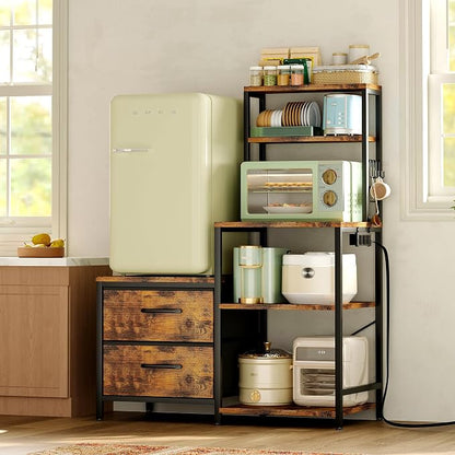 Homeiju Mini Fridge Stand Coffee Bar Cabinet with Power Outlet | Baker Rack with 5 Storage Shelves and 2 Large Drawers, Mini Fridge Shelf for Kitchen, Living Room, Office, Rustic Brown