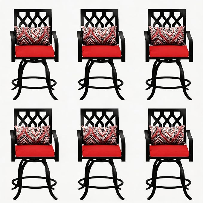 DWVO Metal Outdoor Bar Stools Set of 6, Heavy-Duty Bar Height Outdoor Chairs 352 Lbs Capacity, All-Weather E-Coated Swivel Barstools with Red Cushion & Pillow for Patio Deck Balcony