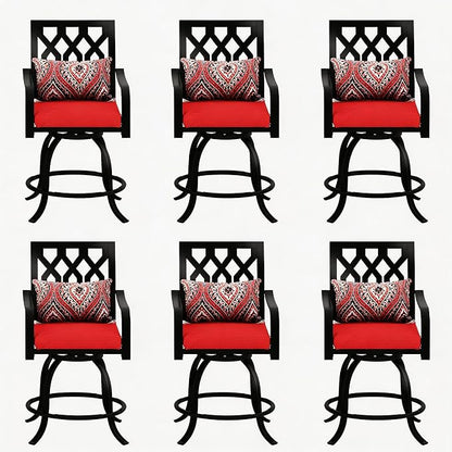 DWVO Metal Outdoor Bar Stools Set of 6, Heavy-Duty Bar Height Outdoor Chairs 352 Lbs Capacity, All-Weather E-Coated Swivel Barstools with Red Cushion & Pillow for Patio Deck Balcony