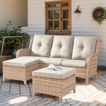 Outdoor Patio Furniture - 3 Seater Outdoor Rattan Wicker Sofa Patio Couch with Ottoman for Porch Deck Garden Backyard - Yellow/Beige