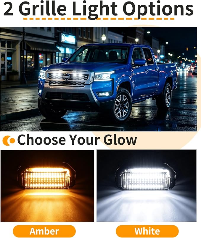 Front Grill Lights for Nissan Frontier 2025-2027 S/SL/SV/Sport Only, White | Direct-Snap Installation; OEM-Style Fit; IP68 Waterproof LED; No-Drill Setup; Raptor-Style Front-End Upgrade; Off-Road Ready