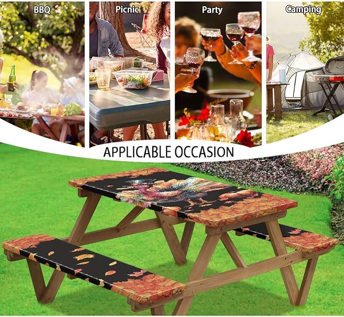 Thanksgiving 3 Piece Fitted Picnic Table Cover for Camping Party Supplies Turkey Pumpkin Maple Leaf Camping Tablecloth with Elastic Band