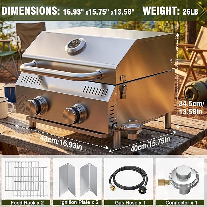Bestfire 2-Burner Tabletop Propane Gas Grill, Dual Connections, 20,000 BTU Stainless Steel Portable Grill, Fits Large Gas Cylinders/Small Canisters, for Camping, RV, Outdoor BBQ