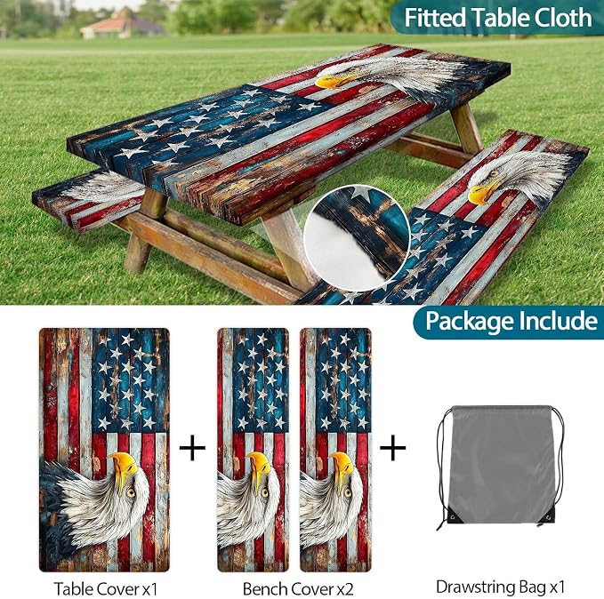Picnic Table Cover with Bench Covers Elastic Edges, Vintage Wood American Flag Eagle Table Cover, Waterproof Windproof Fitted, for Outdoor Patry Picnic Patio Gatherings, Drawstring Bag, 96 Inch 3PCS