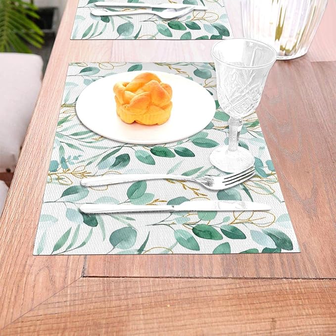 Sage Green Leaves Placemats Set of 4 Cute Botanical Dining Table Mat | 12"x18" Washable Place Mats for Kitchen Dinner Spring Summer Parties Wedding Decorative