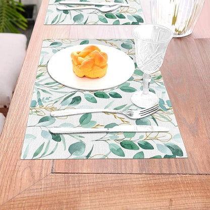 Sage Green Leaves Placemats Set of 4 Cute Botanical Dining Table Mat | 12"x18" Washable Place Mats for Kitchen Dinner Spring Summer Parties Wedding Decorative