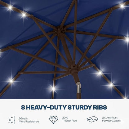 10FT Solar Lighted Patio Umbrella, Outdoor Table Market Umbrellas with Push Button Tilt and Crank, 32 LED Lights, 8 Sturdy Ribs, UV-Resistant for Deck, Garden, Pool