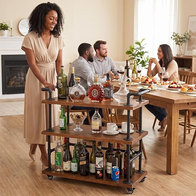 Industrial Pipe Bar Carts, Solid Wood Serving Carts, Rolling Kitchen Carts | Heavy Duty Wine Rack Carts on Wheels with Shelves and Handles, Tea Liquor Shelves/Holder, Bar Furniture for Home