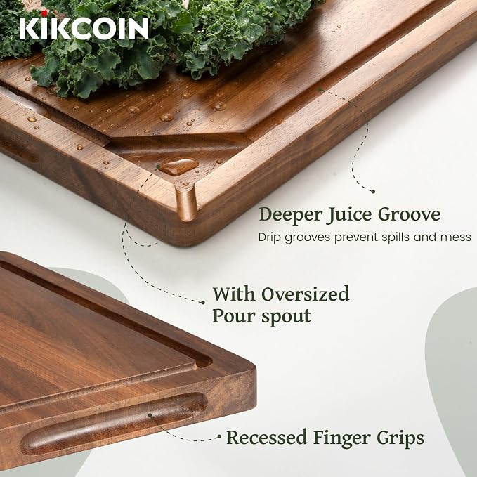Kikcoin Acacia Wood Cutting Board Set of 3, Wooden Cutting Boards for Kitchen with Deep Juice Grooves, Butcher Block Wooden Chopping Board for Meat, Large Solid Charcuterie Boards Serving Tray