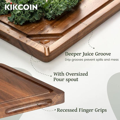 Kikcoin Acacia Wood Cutting Board Set of 3, Wooden Cutting Boards for Kitchen with Deep Juice Grooves, Butcher Block Wooden Chopping Board for Meat, Large Solid Charcuterie Boards Serving Tray