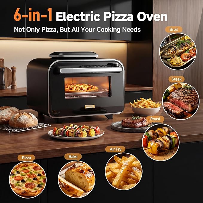 KINGWISE Convection Pizza Oven Electric, IPX4 Waterproof Countertop Air Fryer Oven, Fits 13-Inch Pizza, Heats up to 750℉, 6 Cooking Functions and 5 Pizza Presets, Pizza Stone & Pizza Peel Included