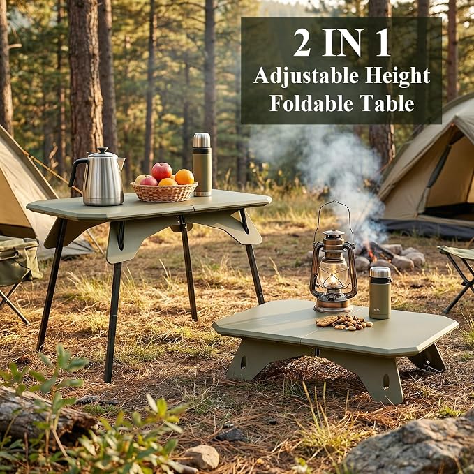 LiveGo Foldable Camping Table, Lightweight Folding Outdoor Table with Aluminum Legs, 2 in 1 Adjustable Height Portable Folding Table for Beach, Picnic, Grilling, Hiking & Fishing Indoor Outdoor