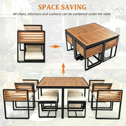 Merax 9-Piece Patio Dining Set for 8 People, Acacia Wood Outdoor Furniture Sets with 1 Square Table, 4 Cushioned Chairs and 4 Ottomans for Backyard, Garden, Lawn, Poolside, Space Saving Design, Beige