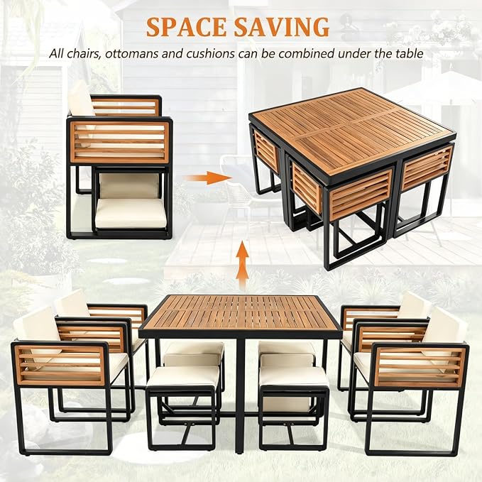 Merax 18-Piece Patio Dining Set for 16 People, Acacia Wood Outdoor Furniture Sets with 2 Square Tables, 8 Cushioned Chairs and 8 Ottomans for Backyard,Garden,Lawn,Poolside, Space Saving Design, Beige