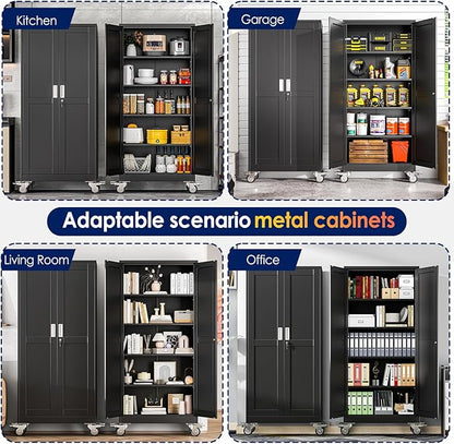 erosoei 71" H Metal Garage Storage Cabinet, Rolling Tool Cabinet with 2 Doors and Wheels, Locker Steel Cabinet with 4 Adjustable Shelves, Organization Cabinet for Garage,Office,Home,Gym,School