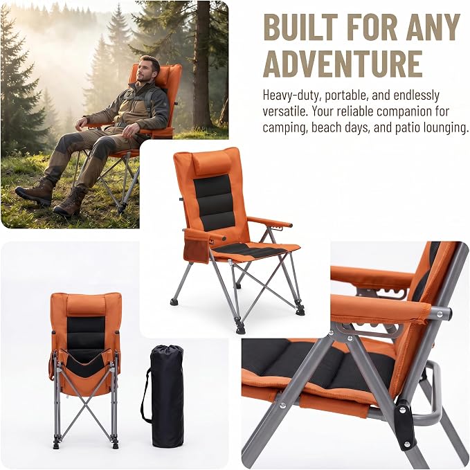 Adjustable Folding Beach Chair, Portable Camping Chair for Adults with Backrest, Reclining Outdoor Chair with Cup Holder & Pocket, Foldable Low Beach Chair for Camping, Picnic, Orange
