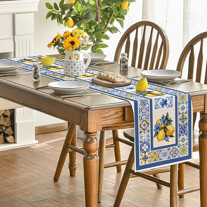 Artoid Mode Lemon Flowers Blue and White Porcelain 210 GSM Summer Table Runner, Seasonal Spring Kitchen Dining Table Decoration for Home Party Decor 13x72 Inch