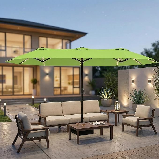 15ft Large Patio Umbrella with Solar Lights and Base, Double-Sided Outdoor Rectangle Umbrella with 48 LED Lights, Market Table Umbrellas with UV Resistant Canopy