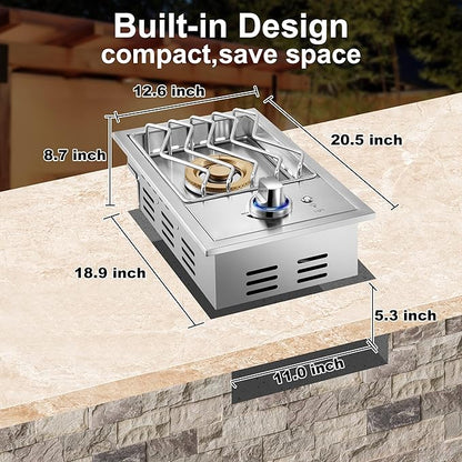 17,500BTU Liquid Propane Side Burner, Single Grilling Side Burners for Outdoor Kitchen, Convertible to Natural Gas, Duty Heavy 304 Stainless Steel, Drop-in Side Burner for Outdoor BBQ Grill Island