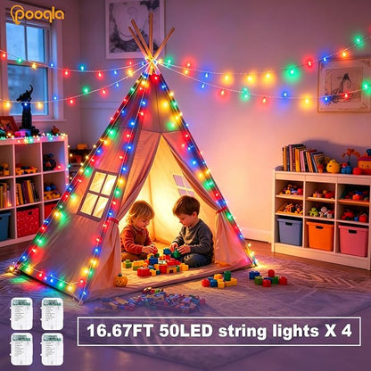Pooqla 4 Pack String Lights Battery Operated, Total 66.6ft 200 LED Fairy Lights Indoor Outdoor Decorations, 8 Modes Colorful Battery Christmas Lights for Bedroom Classroom Porch Party Yard Decor