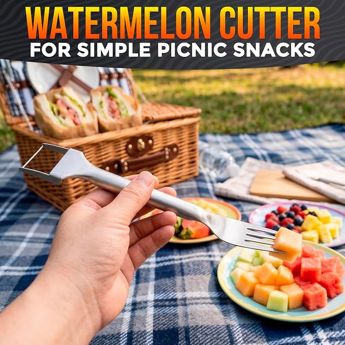 Stainless Steel Watermelon Cutter Slicer Tool 2-in-1, Precise Chunks | Watermelon Slicer Tool & Serving Fork in One; Slices Cubes Mess-Free; for Melon, Cantaloupe & Dragon Fruit; Summer Parties