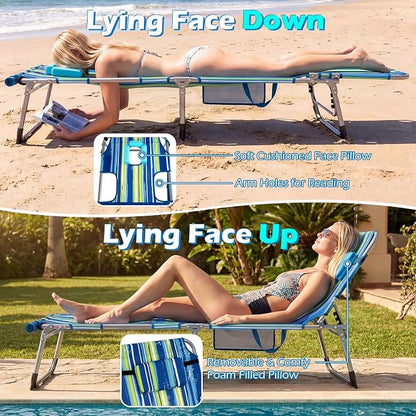 GYMAX Tanning Chair, 3 in 1 Sun Bathing Lounge Chairs with Face/Arm Holes & Side Pocket, Portable Lightweight Face Down Layout Tanning Chair for Outside, Beach, Backyard, Poolside (1, Blue Stripe)