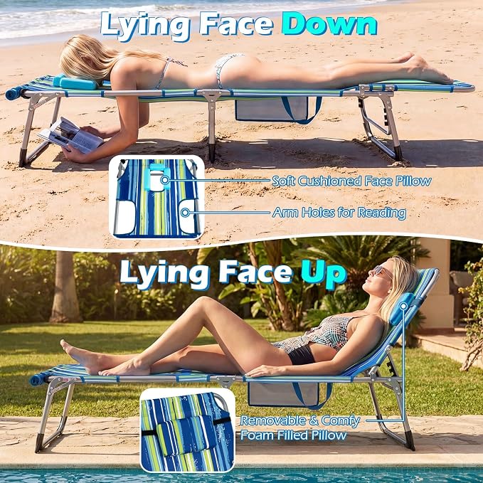 GYMAX Tanning Chair, 330LBS Beach Lounge w/Face Arm Hole & Hand Shoulder Strap, Folding Layout Sunbathing Chair, Face Down Outdoor Chaise Lounger for Patio, Poolside, Backyard (1, Blue Stripe)