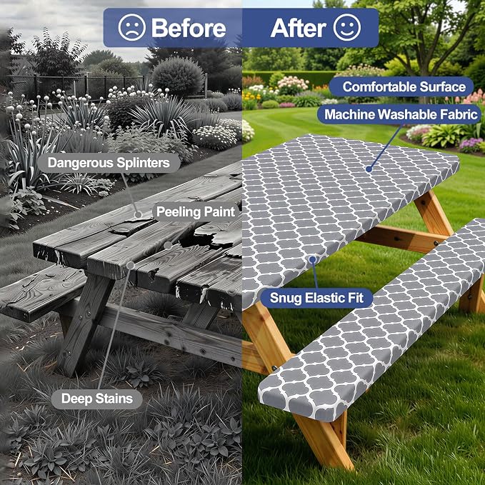 Smiry Picnic Table Cover with Bench Covers, Waterproof Elastic Fitted Tablecloth for 6 Foot Tables, Washable Polyester Tablecloths for Camping, Indoor & Outdoor (Grey, 30x72 Inch 3-pc Set)