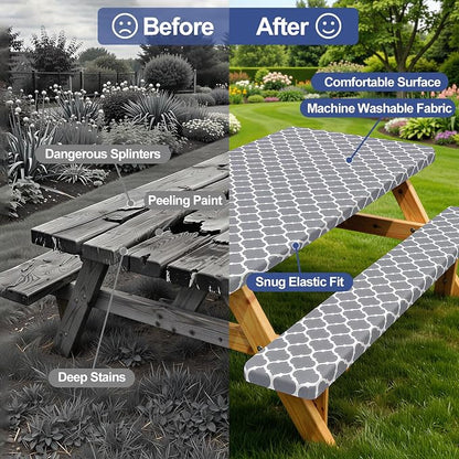 Smiry Picnic Table Cover with Bench Covers, Waterproof Elastic Fitted Tablecloth for 6 Foot Tables, Washable Polyester Tablecloths for Camping, Indoor & Outdoor (Grey, 30x72 Inch 3-pc Set)