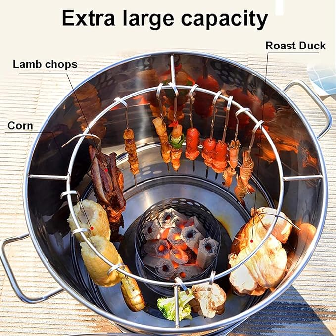 2-in-1 Vertical Charcoal BBQ Smoker 16" Round Charcoal Barbecue Grill Heavy-Duty Portable Grill for Outdoor Camping Picnic Backyard Cooking, Heat-resistant Temperature 500°C/932F°Can Hold 50 Skewers