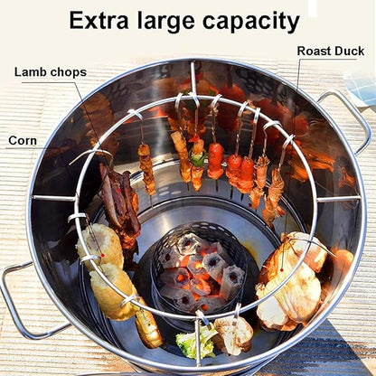 2-in-1 Vertical Charcoal BBQ Smoker 16" Round Charcoal Barbecue Grill Heavy-Duty Portable Grill for Outdoor Camping Picnic Backyard Cooking, Heat-resistant Temperature 500°C/932F°Can Hold 50 Skewers