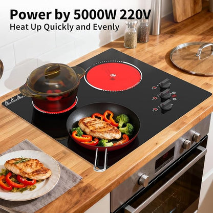 VBGK Electric Cooktop,24 inch 220V Electric Stove Top,Touch and Knob Control,LED,9 Power Levels, Kids Lock &Timer,Overheat Protection,5000W 3 burner cooktop.