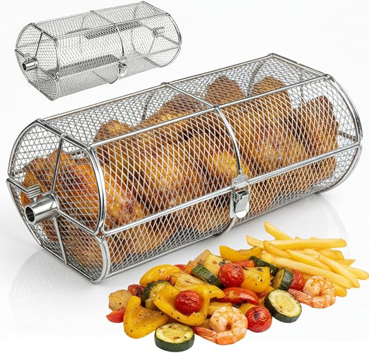 Rotisserie Basket for Outdoor Grill (15.4" x 6.8" x 6.4") - Heavy Duty Stainless Steel BBQ Basket with Reinforced Latch & Safety-Smooth Edges - Splits Apart for Easy Cleaning - Fits Most Grills