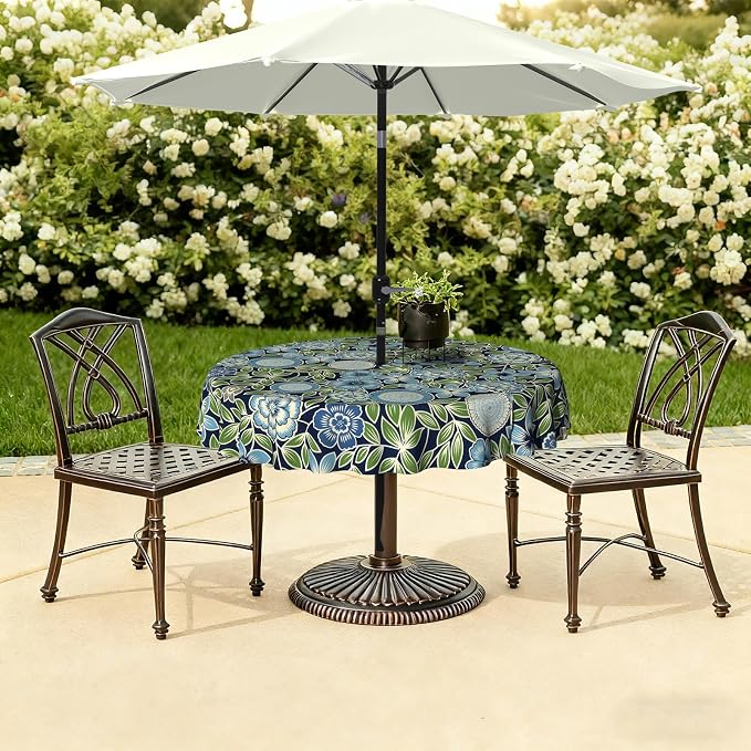 LVTXIII Round Outdoor Tablecloth with Umbrella Hole and Zipper, Water-Repellent 60 Inch Patio Table Cover for Bistro, Garden, Patio & Picnic, Botanical Blues