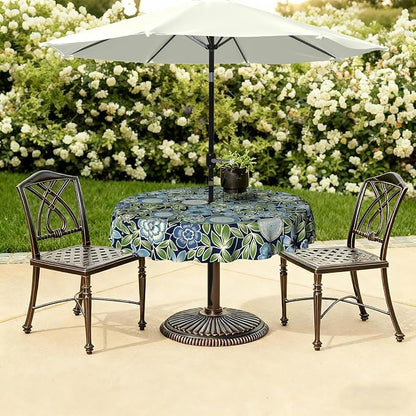 LVTXIII Round Outdoor Tablecloth with Umbrella Hole and Zipper, Water-Repellent 60 Inch Patio Table Cover for Bistro, Garden, Patio & Picnic, Botanical Blues