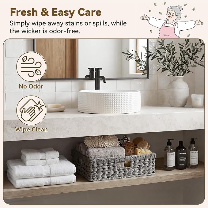 GRANNY SAYS Wicker Storage Basket for Shelves, Wicker Basket for Organizing, Rectangle Basket, Woven Basket for Pantry Storage, Gray, 1-Pack