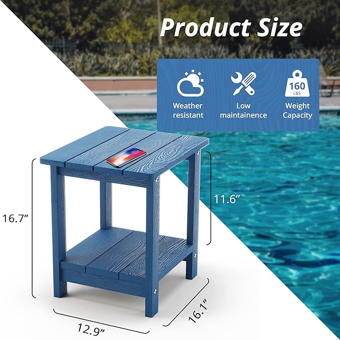 LUE BONA Outdoor Side Table, 2-Tier HDPS Small Patio Table, Navy Blue | 2-Tier Shelf for Extra Storage, Small End Table for Pool, Porch, Balcony, Weather Resistant HDPS, Easy Clean