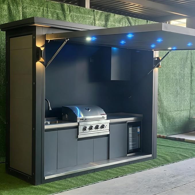 Luxury Prefab Outdoor Kitchen Kits with Roof, Modular Outdoor Kitchen Pod with Grill, Sink, Storage Cabinet, Burners, Refrigerator, Patio and Backyard Cooking Station