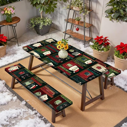 Christmas Picnic Table Cover with Bench Cover, Outdoor Picnic Table Elastic Tablecloth, Holiday Cat and Book Design, Camping, Barbecue and Winter Party Tablecloth