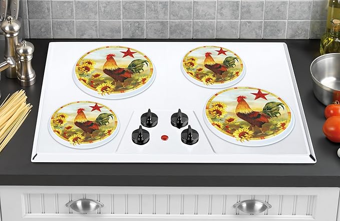 Reston Lloyd, Burner Covers For Electric Stovetop, Decorative Lightweight Tin Covers, Set of 4 (2-8 inch & 2-10 inch), Conceals Messy Drip Pans, Rooster