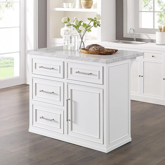 Crosley Furniture Cutler Faux Marble Top Kitchen Island with Storage, Breakfast Bar, Microwave Stand, White
