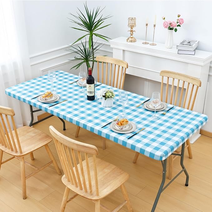 Smiry Rectangle Picnic Table Cloth, Elastic Waterproof Fitted Vinyl Tablecloths, Flannel Backed Buffalo Plaid Table Covers for Dining, Camping, Outdoor (White and Aqua, 30" x 72")