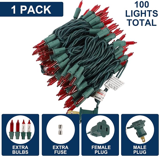 Red Christmas String Lights, 100 Count Incandescent Mini Lights | Connectable Xmas Tree Light for Indoor Outdoor Garland Birthday Valentines Holiday Wedding Festival Party