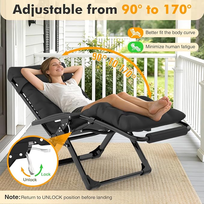 Slendor Oversized Zero Gravity Chairs XL, 29in Padded Recliner Chair, Black | Reclining Lounge Chair, Folding Anti Gravity Chairs w/Aluminum Alloy Lock,Headrest,Cup Holder, Support 440lbs,for Lawn Patio