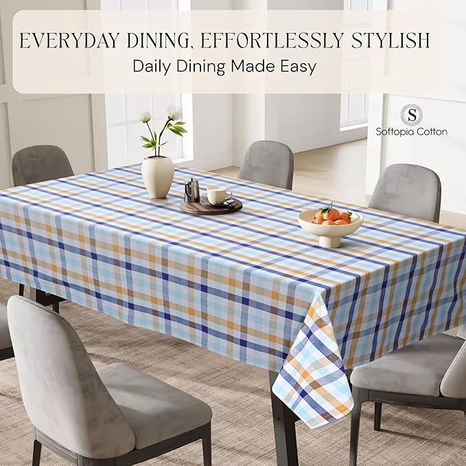 Gingham Check Tablecloth, 60x102 Inches, 100% Cotton, Washable, Table Cover for Summer Parties, Holidays and Everyday Dining, Indigo Blue - Mustard Yellow - Aqua Blue and White Plaid
