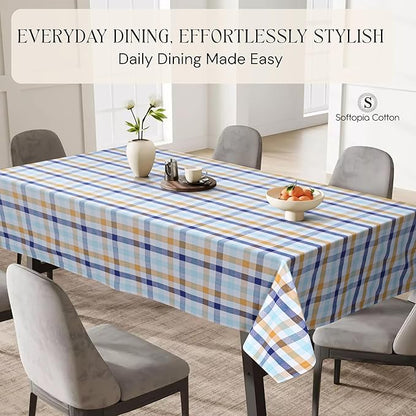 Gingham Check Tablecloth, 60x102 Inches, 100% Cotton, Washable, Table Cover for Summer Parties, Holidays and Everyday Dining, Indigo Blue - Mustard Yellow - Aqua Blue and White Plaid
