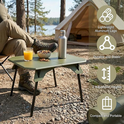 Folding Camping Table, 2-in-1 Adjustable Height Portable Outdoor Aluminum Camp Desk with Carrying Bag, Lightweight Foldable Table for Picnic, Beach, BBQ, Hiking, Fishing, Travel (Green)