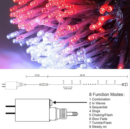 LJLNION 300 LED Valentines Lights, Extra Long 98.5FT Christmas String Lights Outdoor Indoor, 8 Lighting Mode, Plug in Waterproof Fairy Light for Wedding Party Bedroom Garden Decorations (Red & White)
